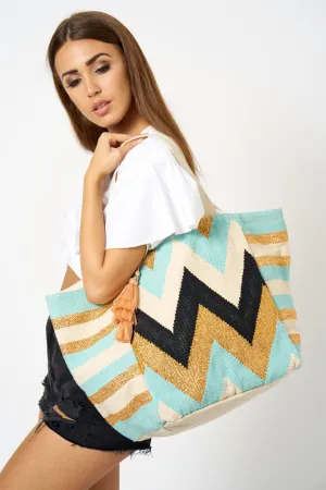 Blue Oversized Chevron Tassel Front Tote Bag