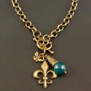 Fleur De Lys Necklace Bronze Bee Teal Agate