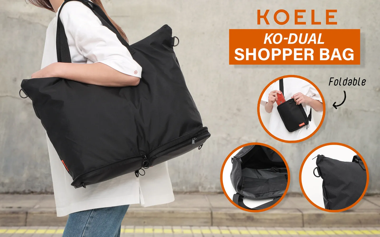 Large Waterproof Foldable Shopper Tote Bag, Black, KOELE