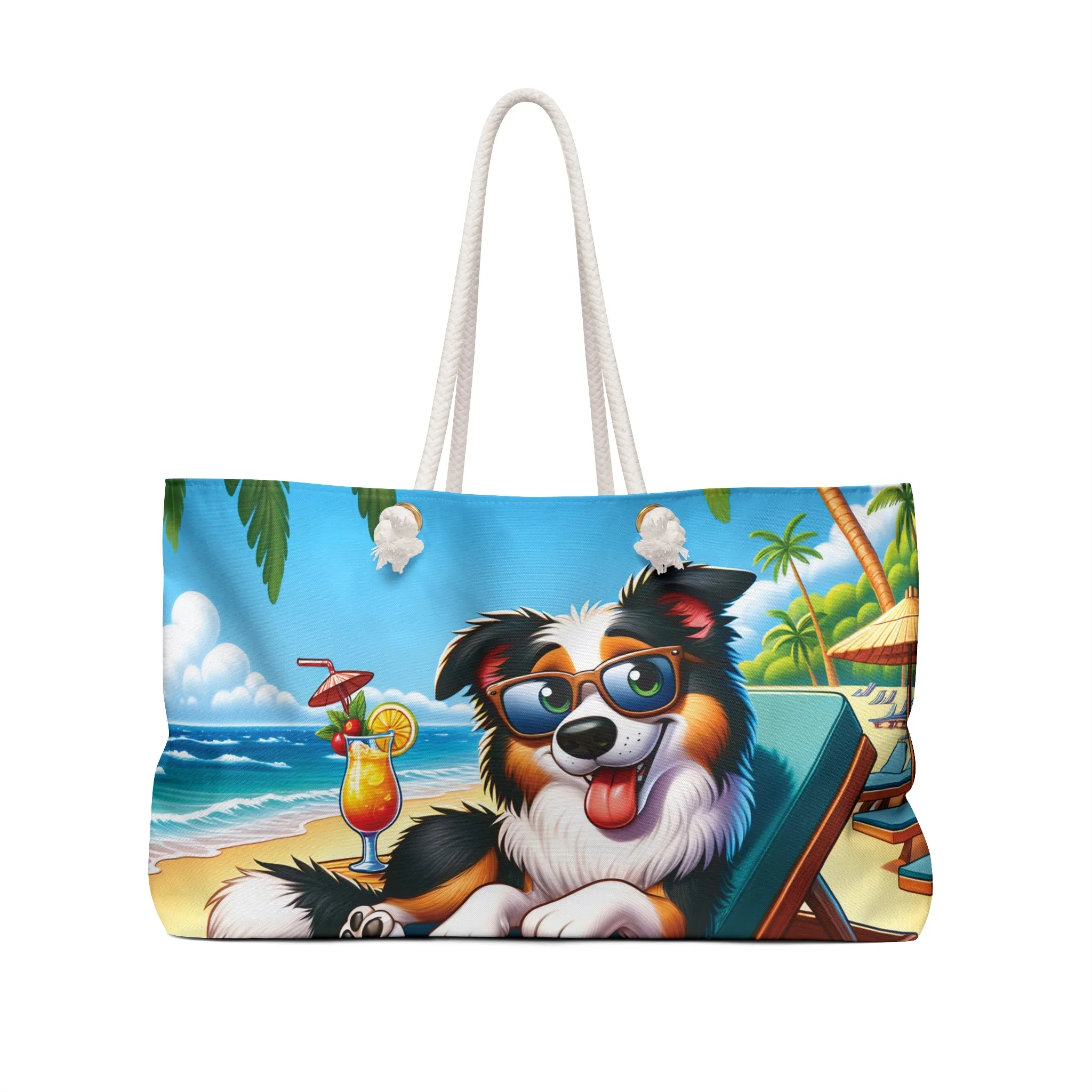 Personalised/Non-Personalised Weekender Bag, Summer Beach Dog, Border Collie, Large Weekender Bag, Beach Bag, Book Bag