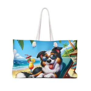 Personalised/Non-Personalised Weekender Bag, Summer Beach Dog, Border Collie, Large Weekender Bag, Beach Bag, Book Bag