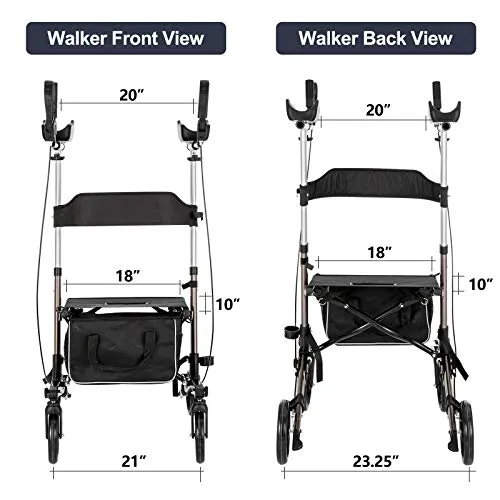 Stand Up Rollator Walker with Seat, Padded Armrest, Backrest, and Basket