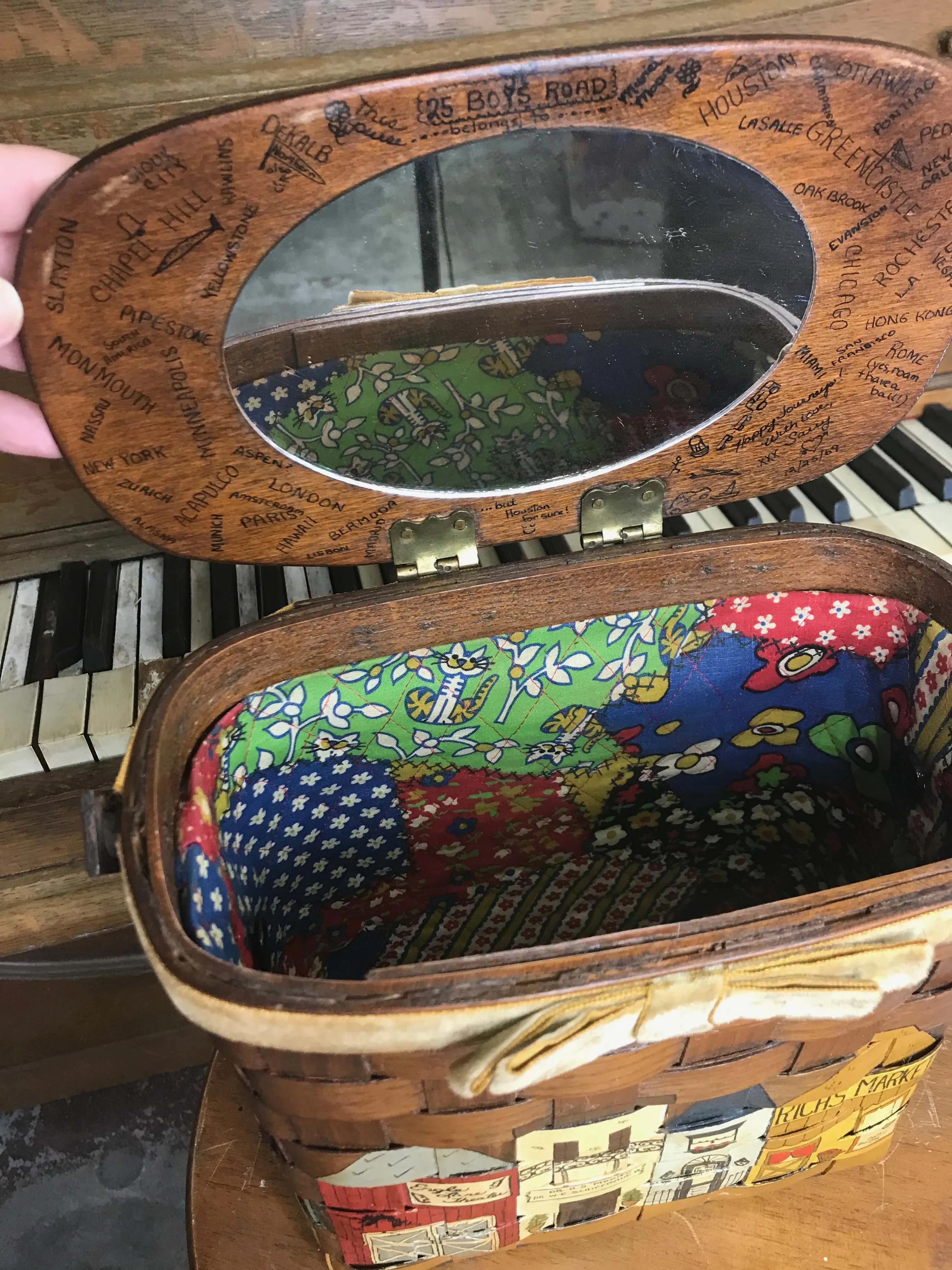 Vintage 60s Basketville Basket Box Purse Wicker Bag Mirror Novelty Boho Handbag